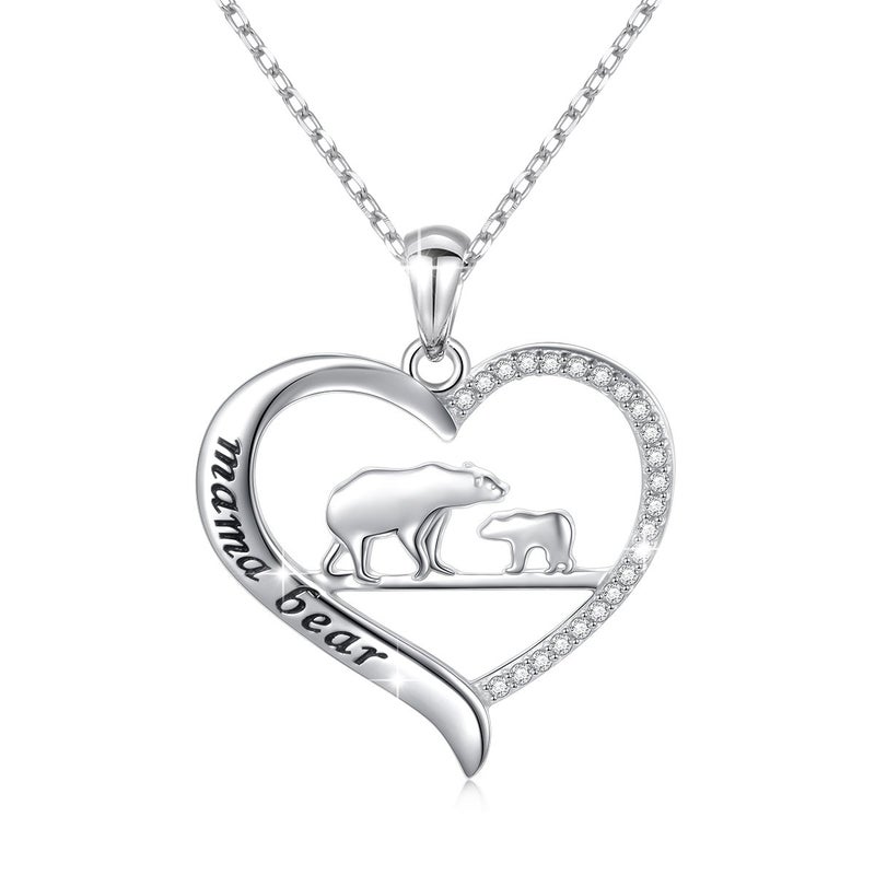 DAOCHONG Mama Bear Necklace S925 Sterling Silver Mama Bear with Cub Heart Pendant Necklace for Family - Image 1